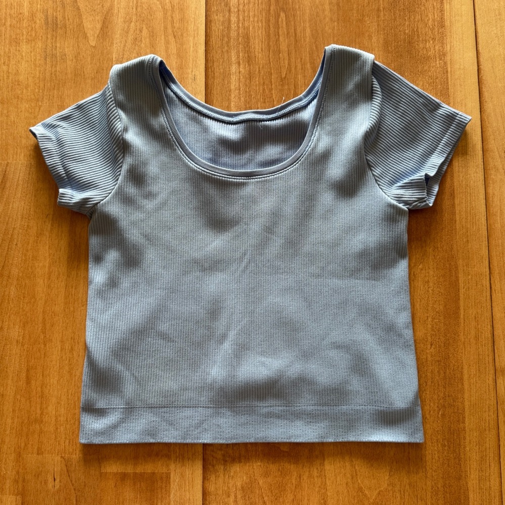 Elee Light Blue Ribbed Seamless Short Sleeve Scoop Neck Crop Top Activewear